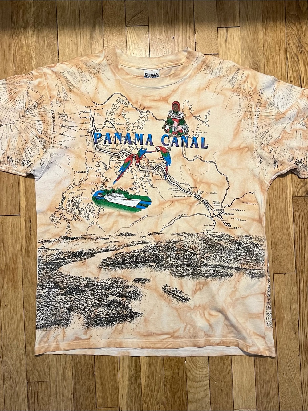 Vintage Panama Canal Map AOP XL Brown Tie Dye T Shirt